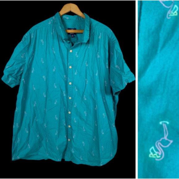 George Button Up Shirt Flamingo Tropical Print 3XL Slim Fit Blue Beach Vactation - Picture 1 of 11